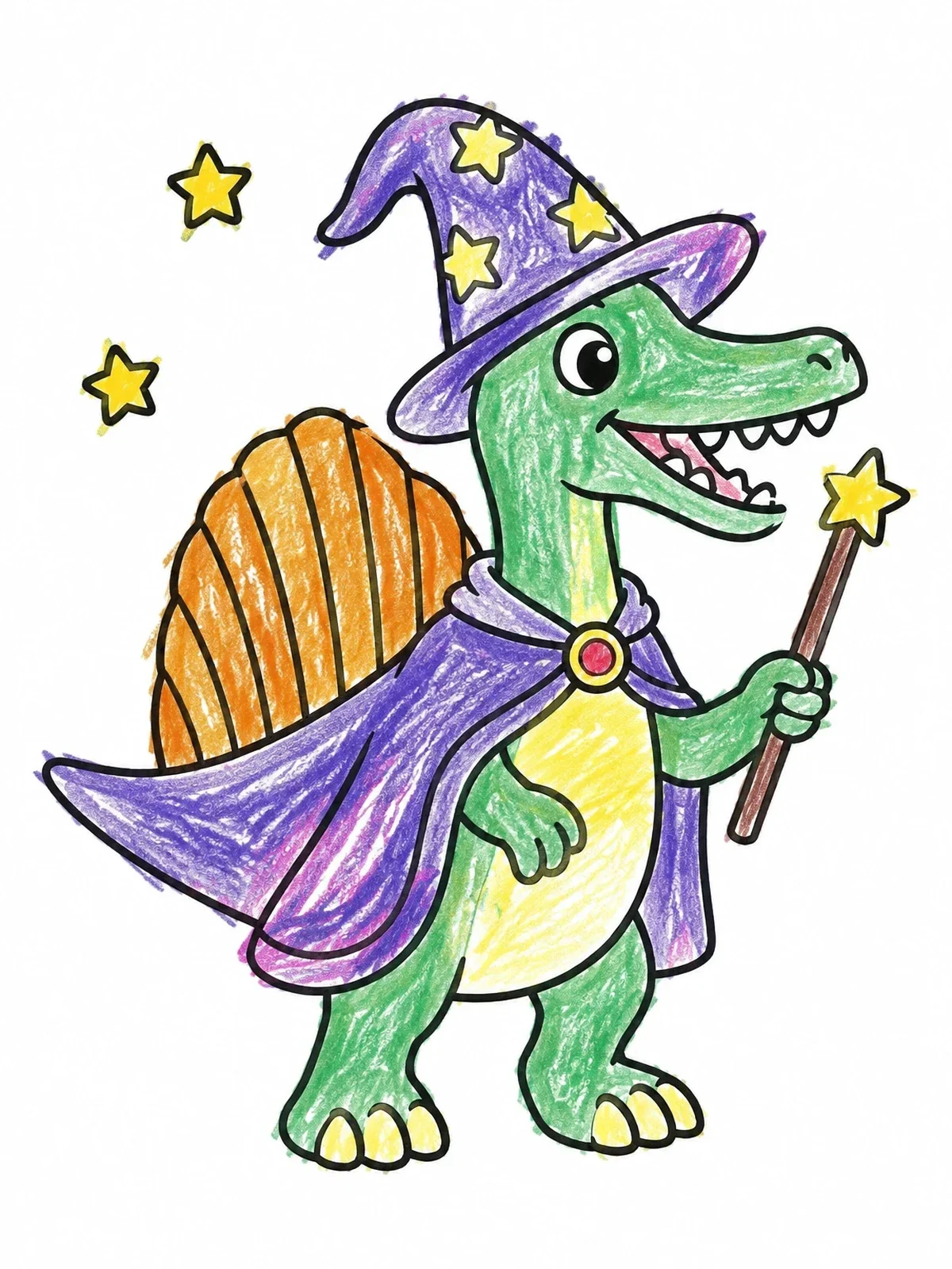 Colored example of the Cute Spinosaurus Wizard With Magic Wand coloring page