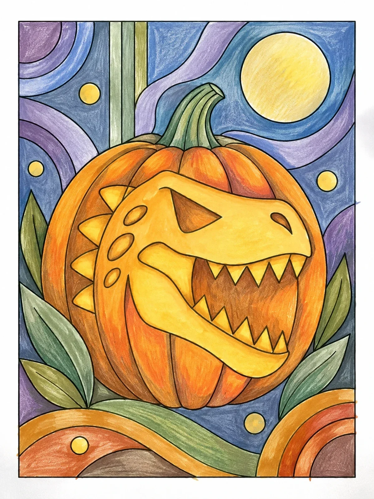 Colored example of the Fierce T Rex Pumpkin Jack O' Lantern coloring page