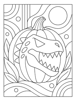 A halloween dinosaur coloring page showing a jack-o'-lantern carved like a T-Rex face.