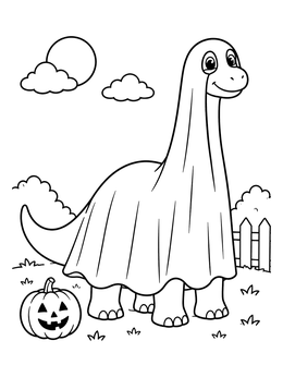 A friendly sauropod in a ghost sheet on this halloween dinosaur coloring page.