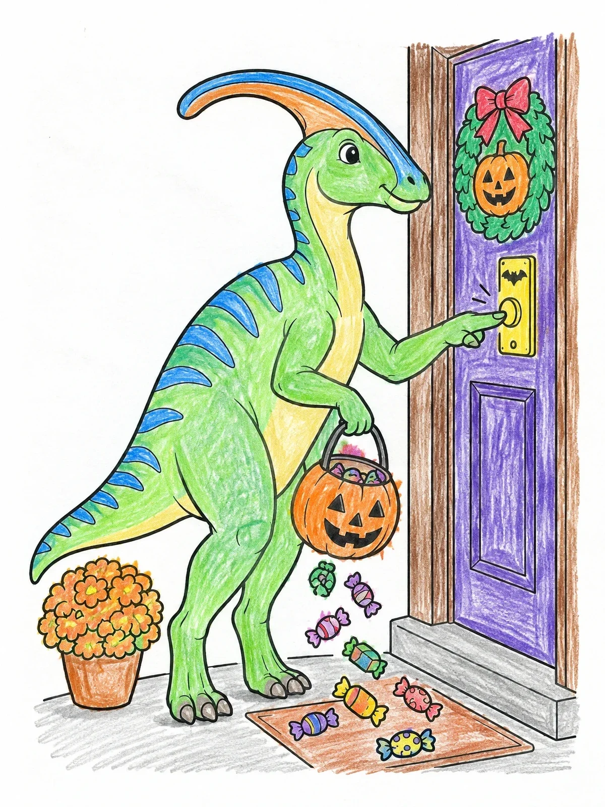 Colored example of the Parasaurolophus Trick Or Treating At The Door coloring page