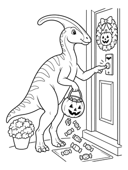 A friendly Parasaurolophus rings a doorbell on this halloween dinosaur coloring page.