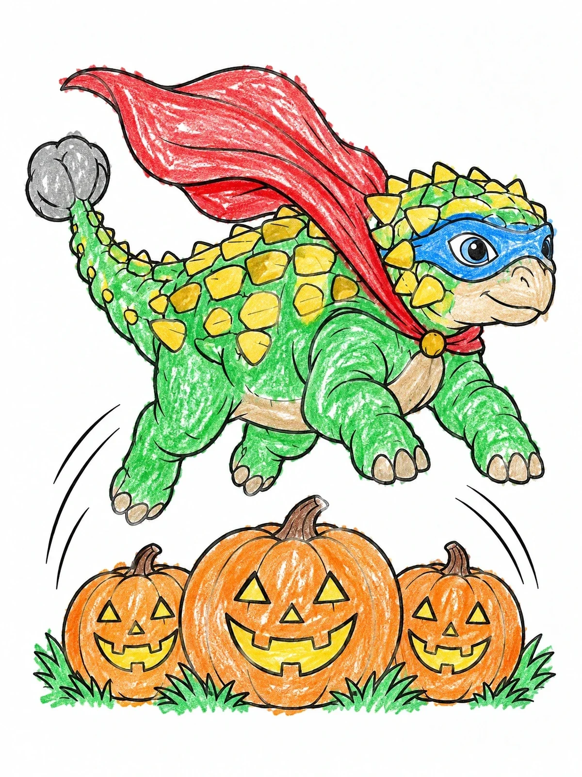 Colored example of the Superhero Ankylosaurus Jumping Over Pumpkins coloring page