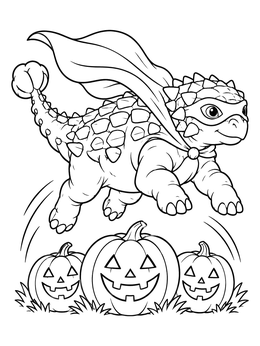 A halloween dinosaur coloring page of a cute ankylosaurus in a cape jumping over three jack-o'-lanterns.