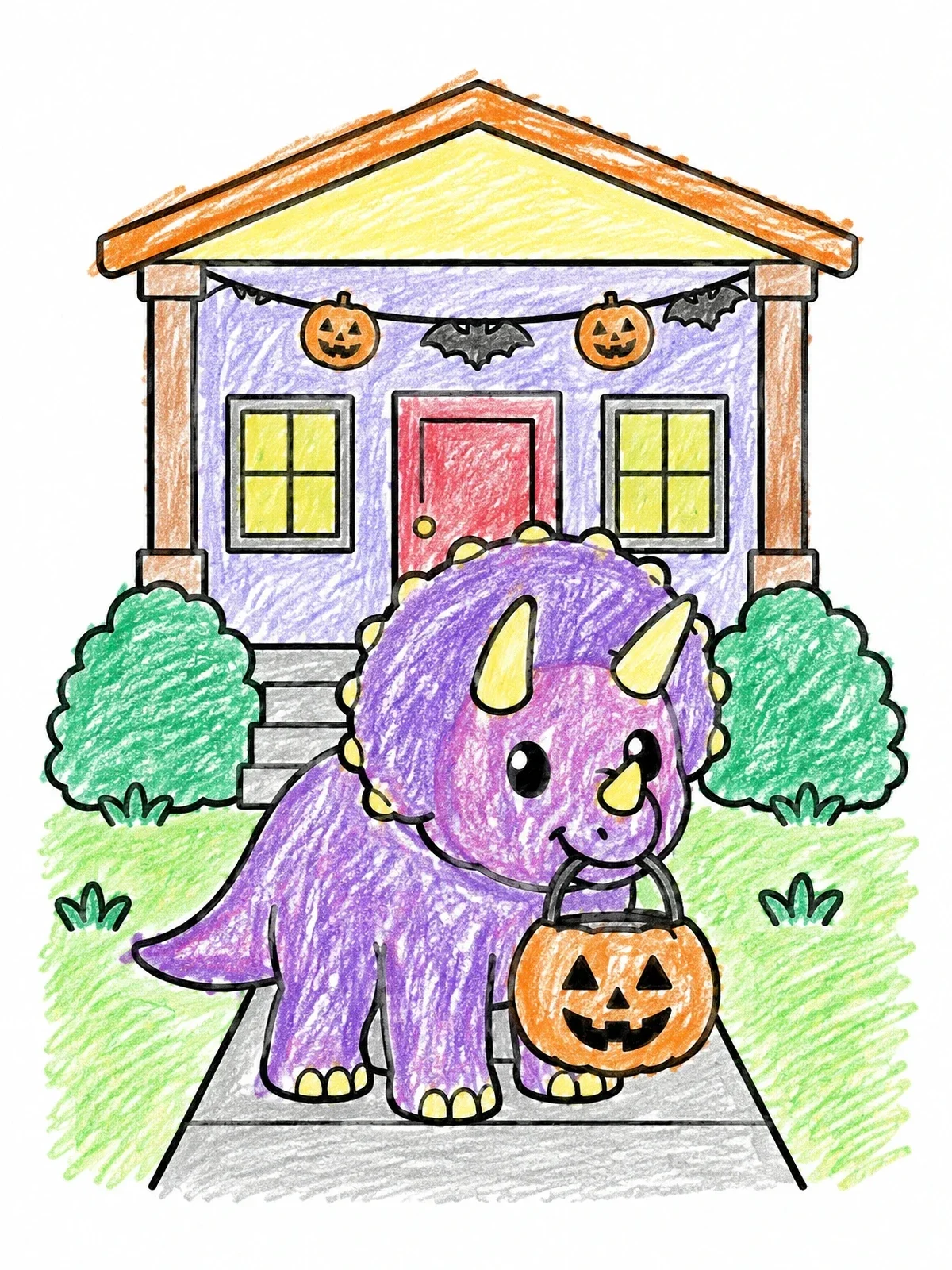 Colored example of the Triceratops Trick Or Treating At Front Porch coloring page
