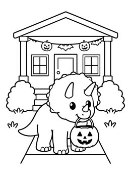 Free printable Triceratops Trick Or Treating At Front Porch coloring page