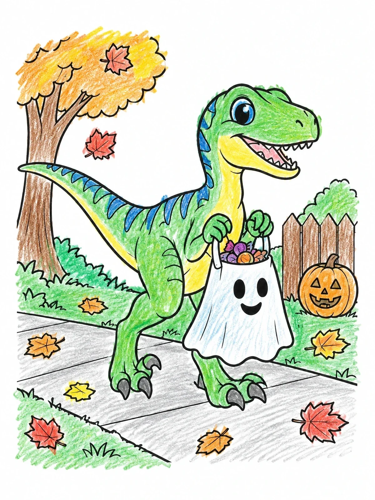 Colored example of the Trick Or Treating Velociraptor With Ghost Bag coloring page
