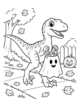 A friendly dinosaur carries a ghost bag in this cute halloween dinosaur coloring page.