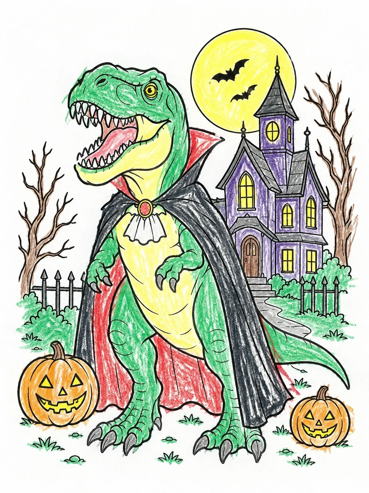 Colored example of the Vampire T Rex In Spooky Cape coloring page