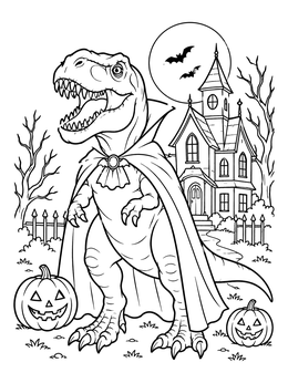 A vampire T-Rex outside a haunted house on this halloween dinosaur coloring page.