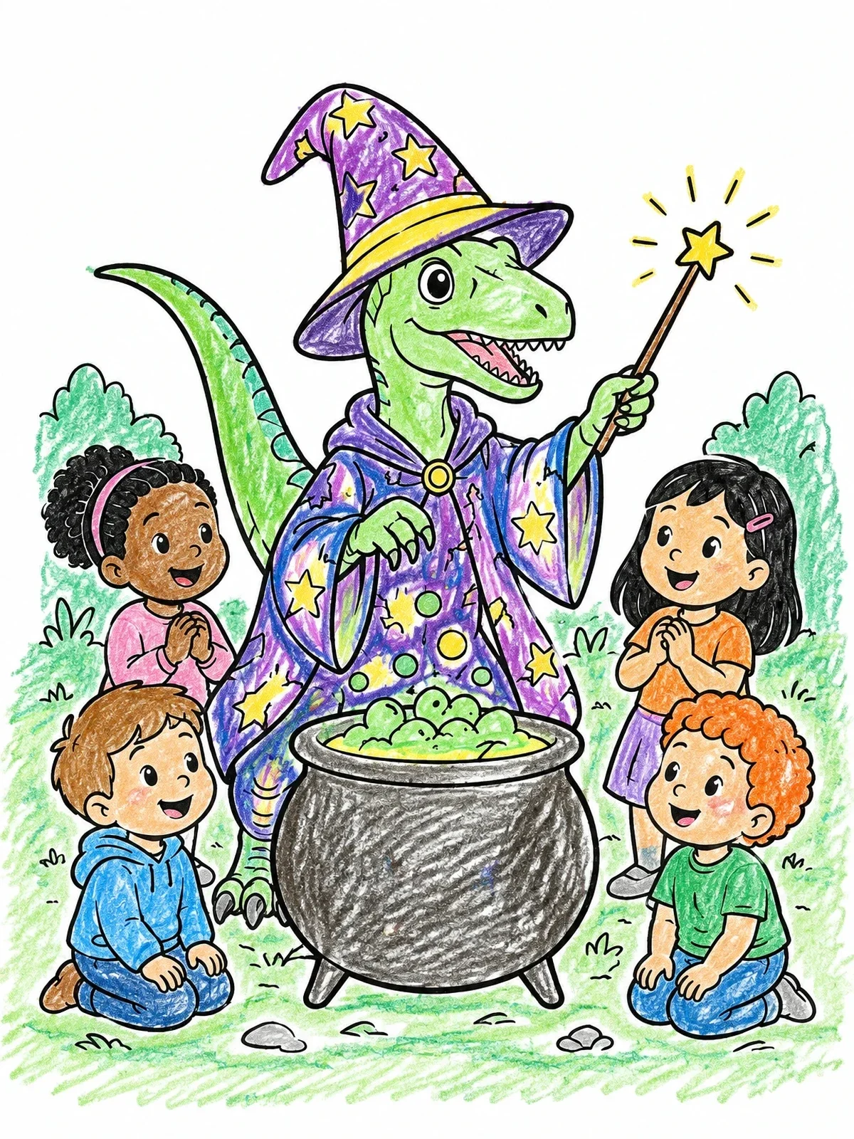 Colored example of the Wizard Dinosaur Brewing Magic With Children coloring page