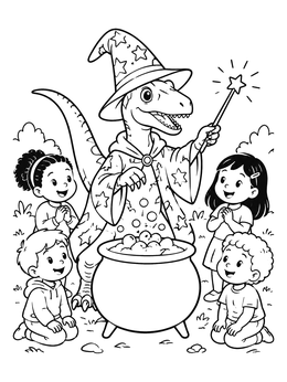 A friendly wizard raptor and happy kids gather in this halloween dinosaur coloring page.