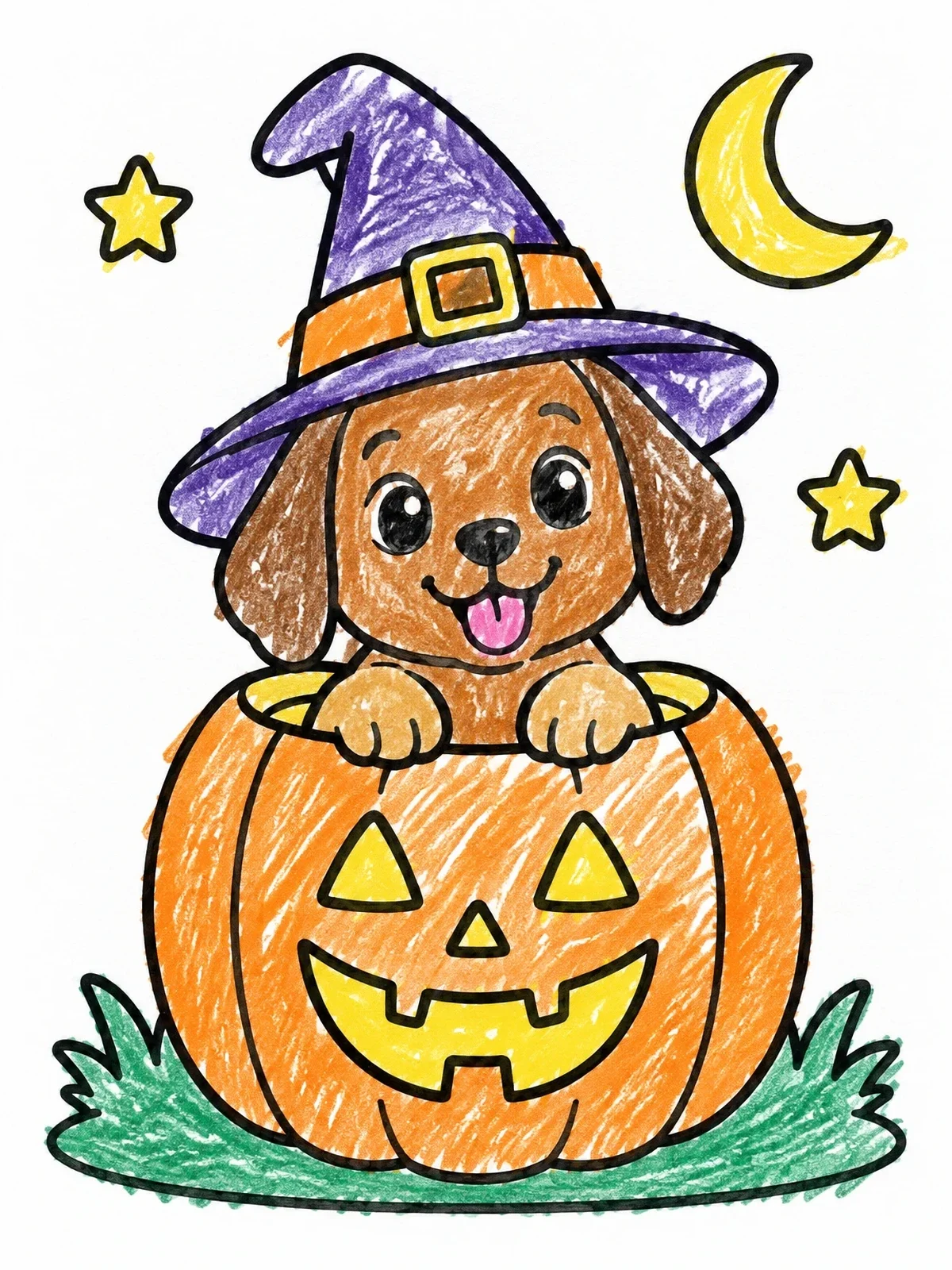 Colored example of the Cute Puppy In Jack O Lantern coloring page