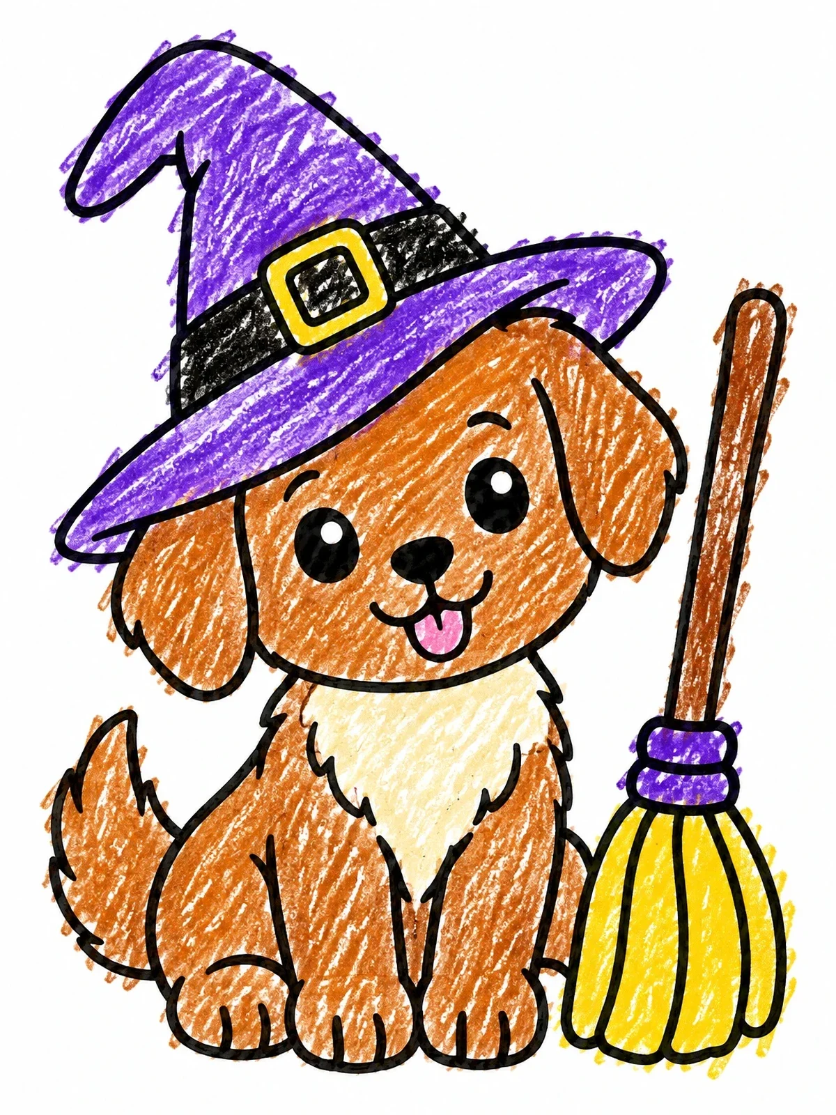 Colored example of the Cute Puppy In Witch Hat coloring page