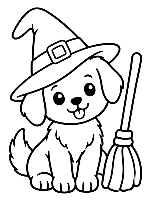 Cute Puppy in Witch Hat coloring page