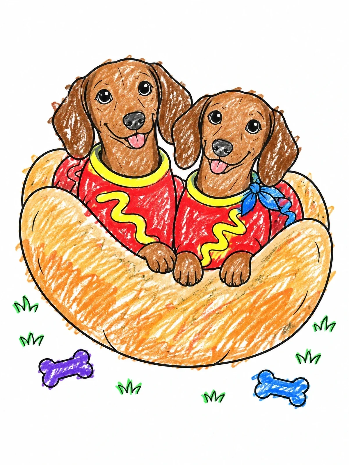 Colored example of the Dachshund Pair In Hot Dog Costume coloring page