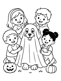 Free printable Ghost Dog And Smiling Children coloring page
