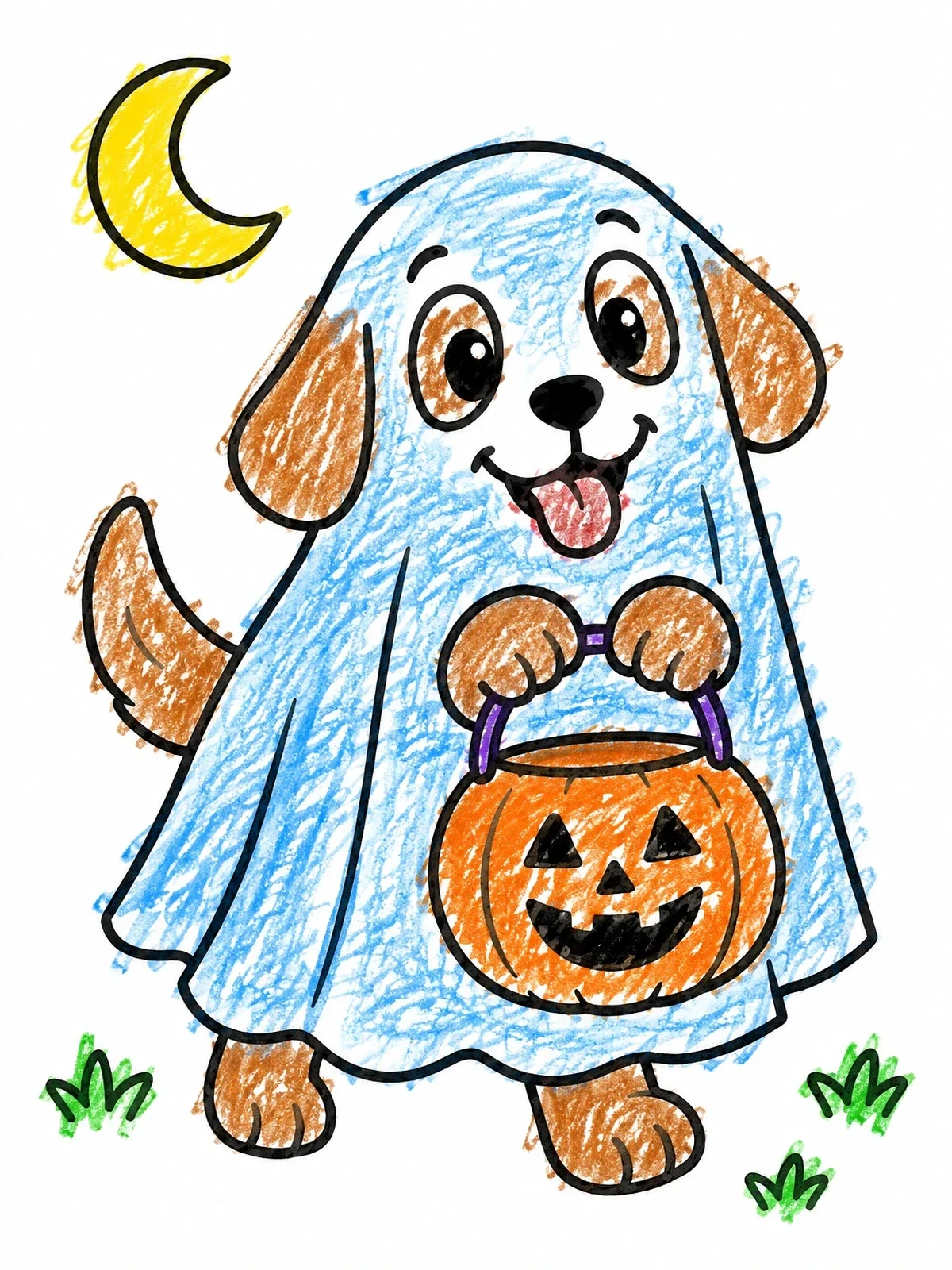 Colored example of the Ghost Puppy With Pumpkin Bucket coloring page
