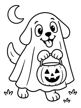 Free printable Ghost Puppy With Pumpkin Bucket coloring page