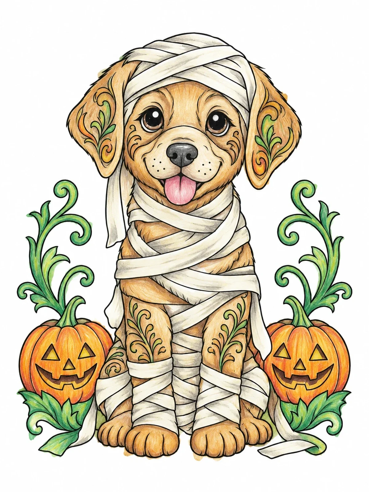 Colored example of the Mummy Puppy With Jack O' Lanterns coloring page