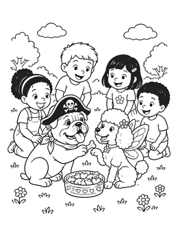 Free printable Puppies In Costume Sharing Treats coloring page