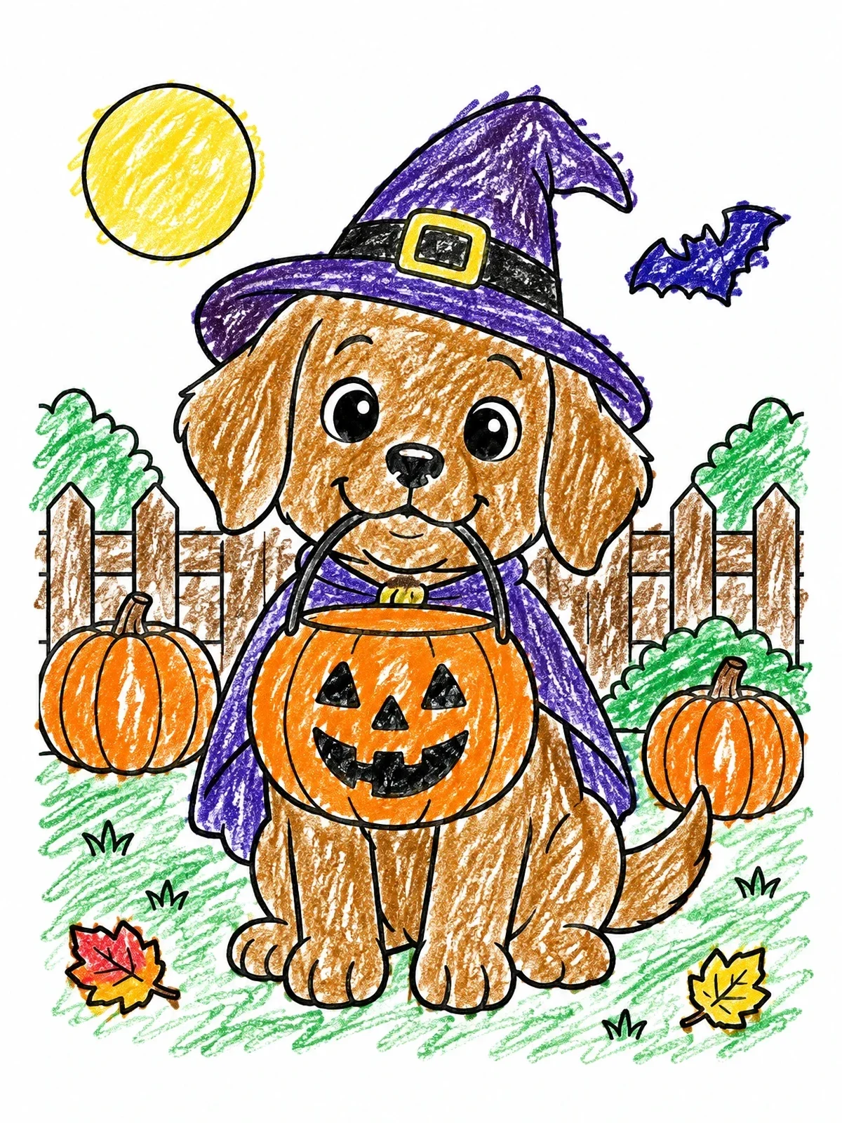 Colored example of the Halloween Puppy In Witch Costume coloring page