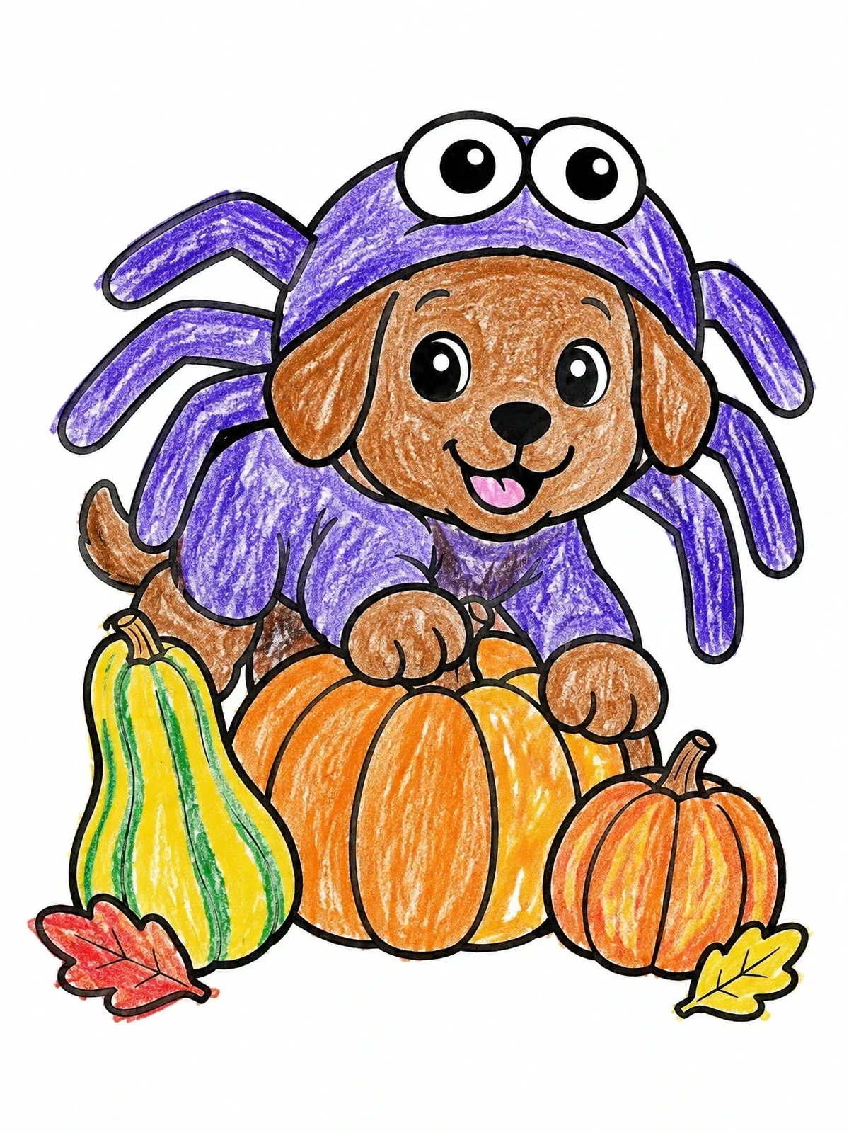Colored example of the Puppy In Spider Costume On Pumpkins coloring page