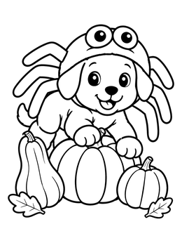 Free printable Puppy In Spider Costume On Pumpkins coloring page