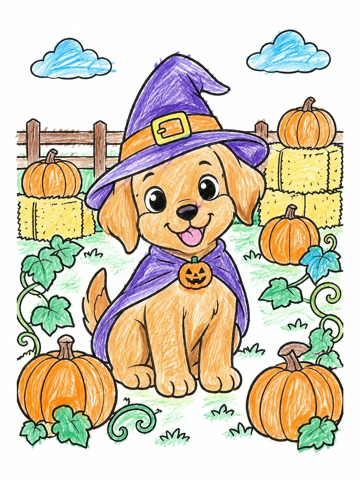 Colored example of the Cute Puppy In Witch Costume coloring page