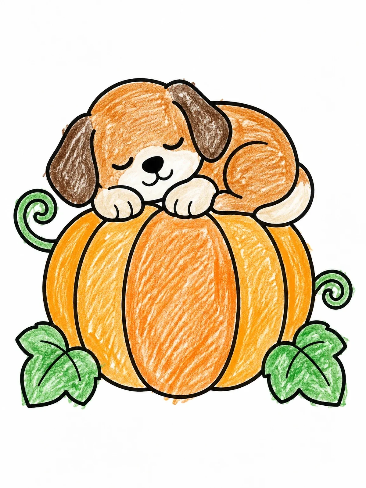 Colored example of the Sleeping Puppy On A Pumpkin coloring page