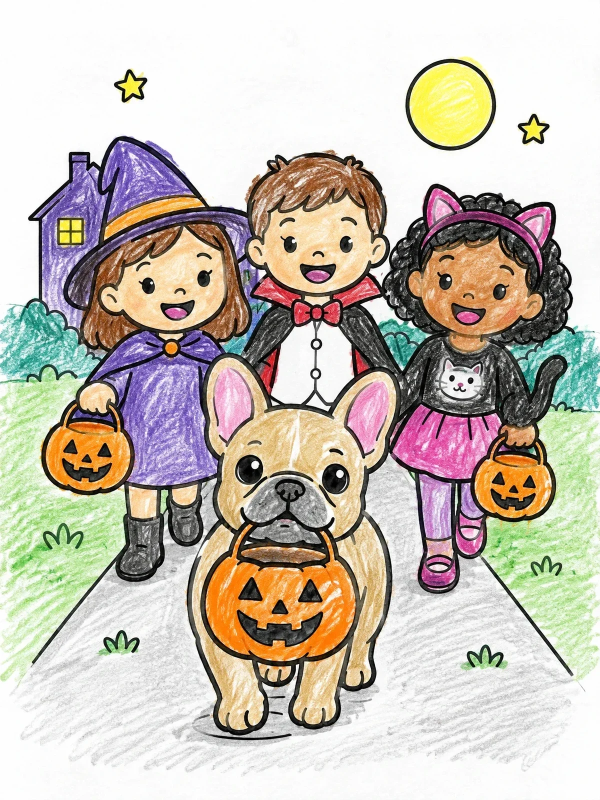 Colored example of the Trick Or Treating With French Bulldog coloring page