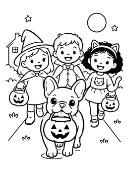 Free printable Trick Or Treating With French Bulldog coloring page