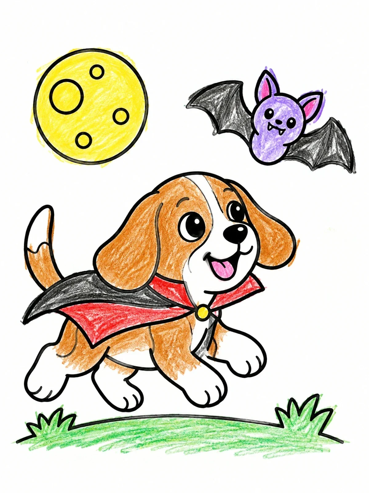 Colored example of the Vampire Puppy And Friendly Bat coloring page