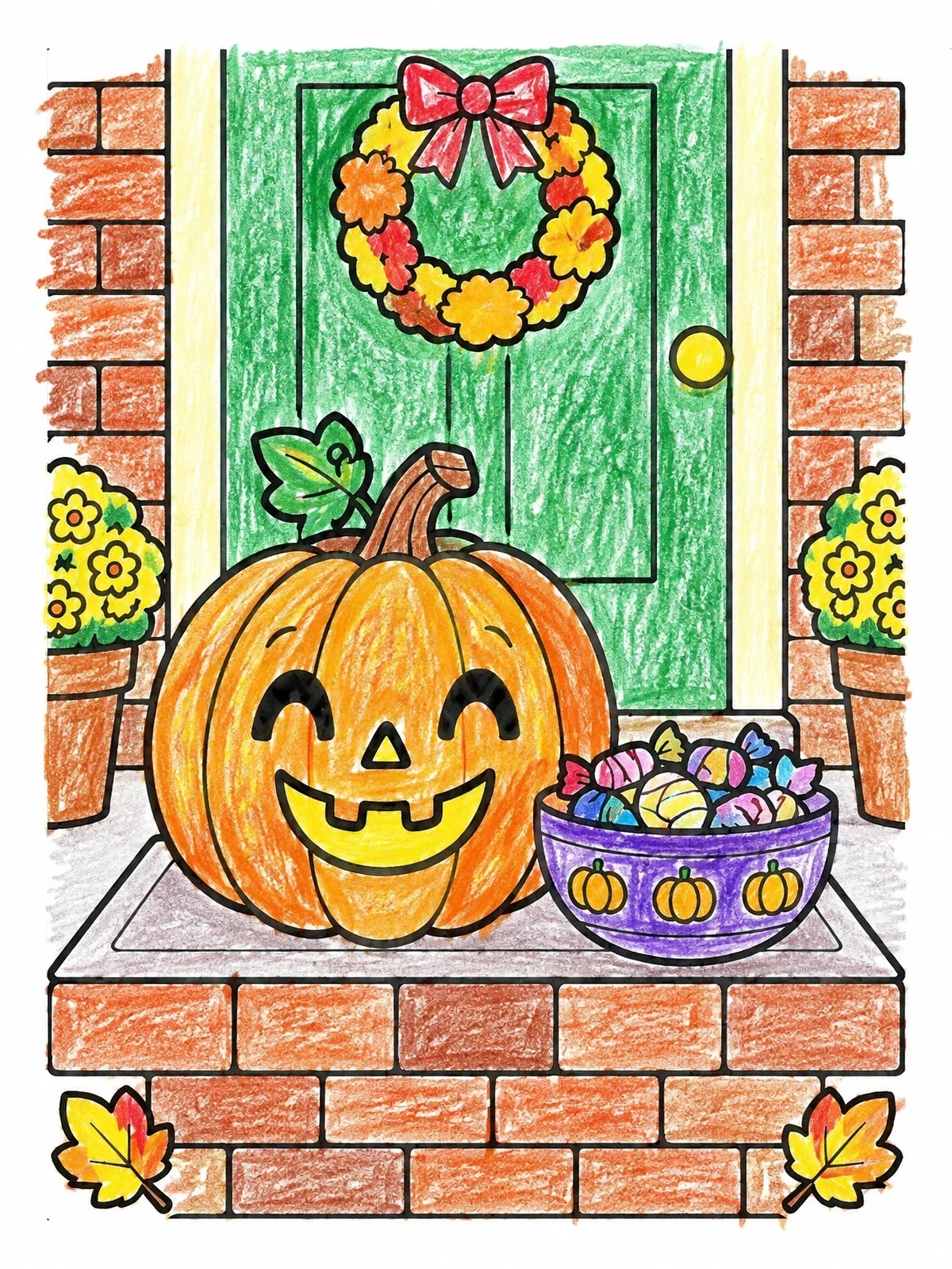 Colored example of the Halloween Doorstep With Carved Pumpkin coloring page