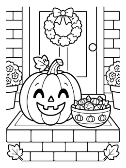Free printable Halloween Doorstep With Carved Pumpkin coloring page