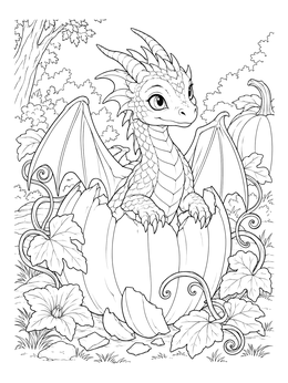 A cute baby dragon emerges from a carved pumpkin in this halloween dragon coloring page.