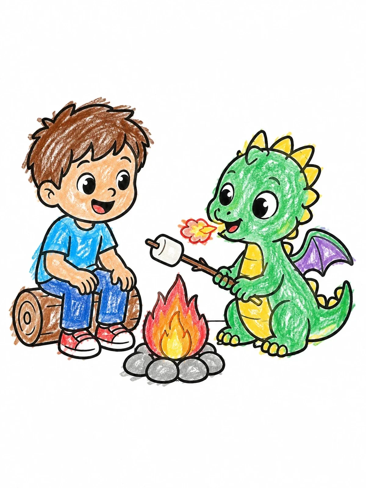 Colored example of the Baby Dragon Campfire With Marshmallow coloring page