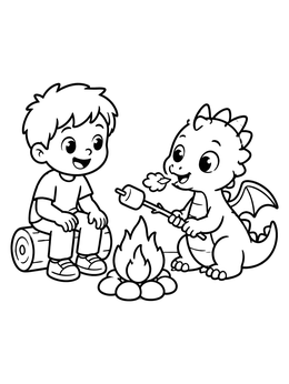 A friendly baby dragon coloring page roasting a marshmallow at a campfire with a boy.