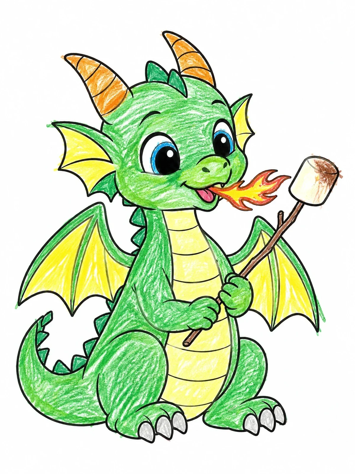 Colored example of the Baby Dragon Roasting A Marshmallow coloring page
