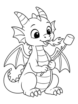Cute baby dragon roasting a marshmallow on this halloween dragon coloring page.
