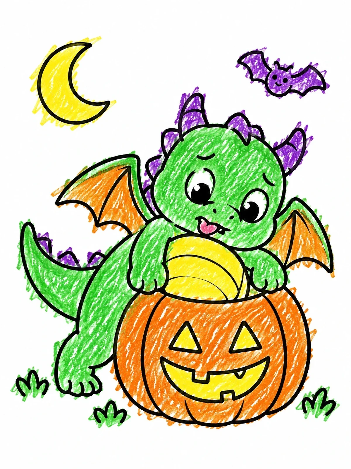 Colored example of the Cute Dragon On A Pumpkin coloring page