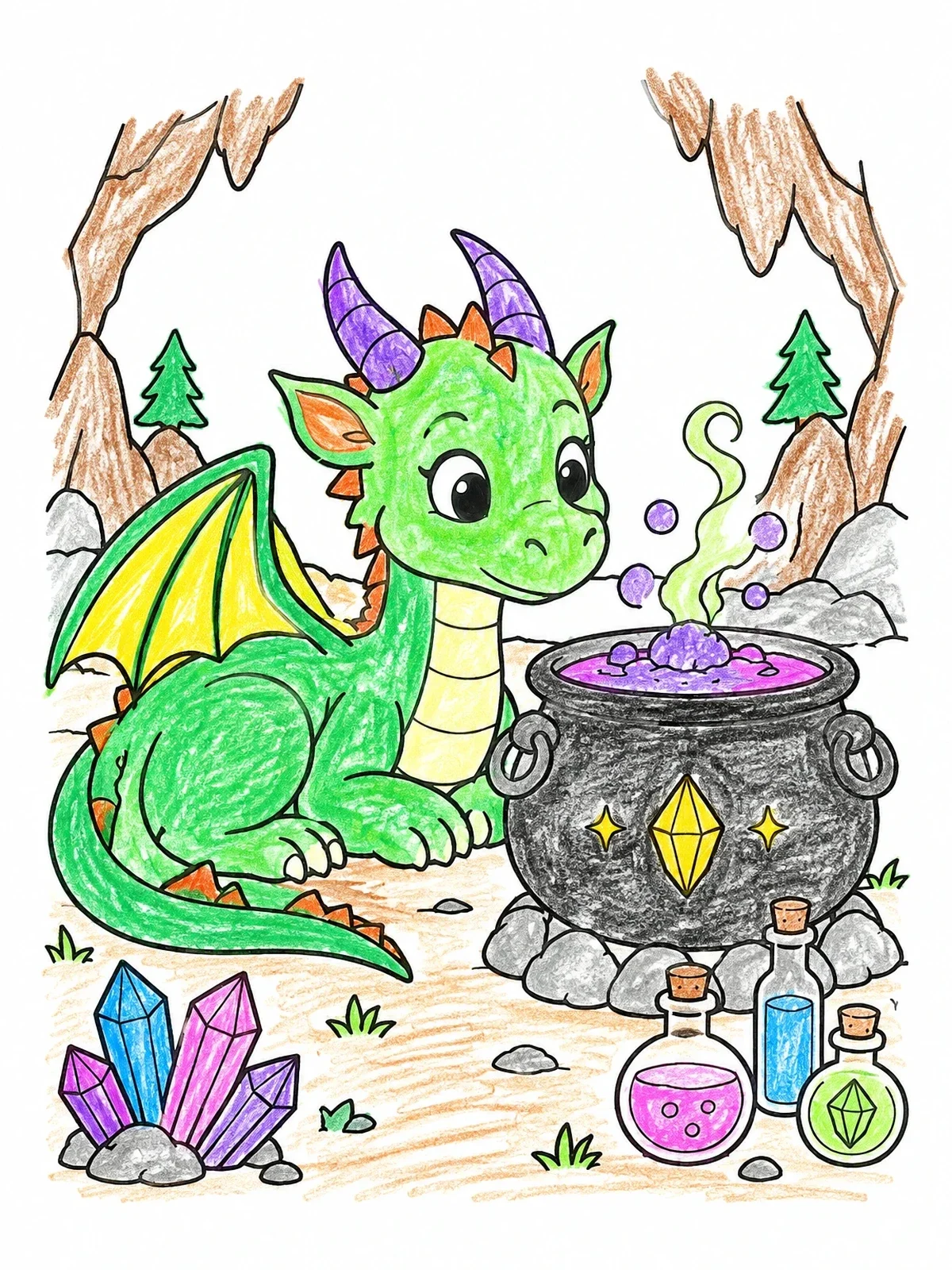 Colored example of the Cute Dragon Beside Magic Cauldron coloring page