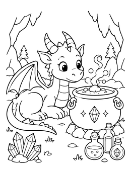 Free printable Cute Dragon Beside Magic Cauldron coloring page
