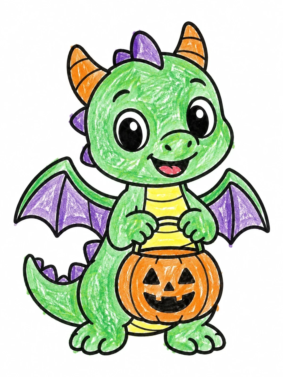 Colored example of the Cute Dragon Hatchling With Pumpkin Bucket coloring page