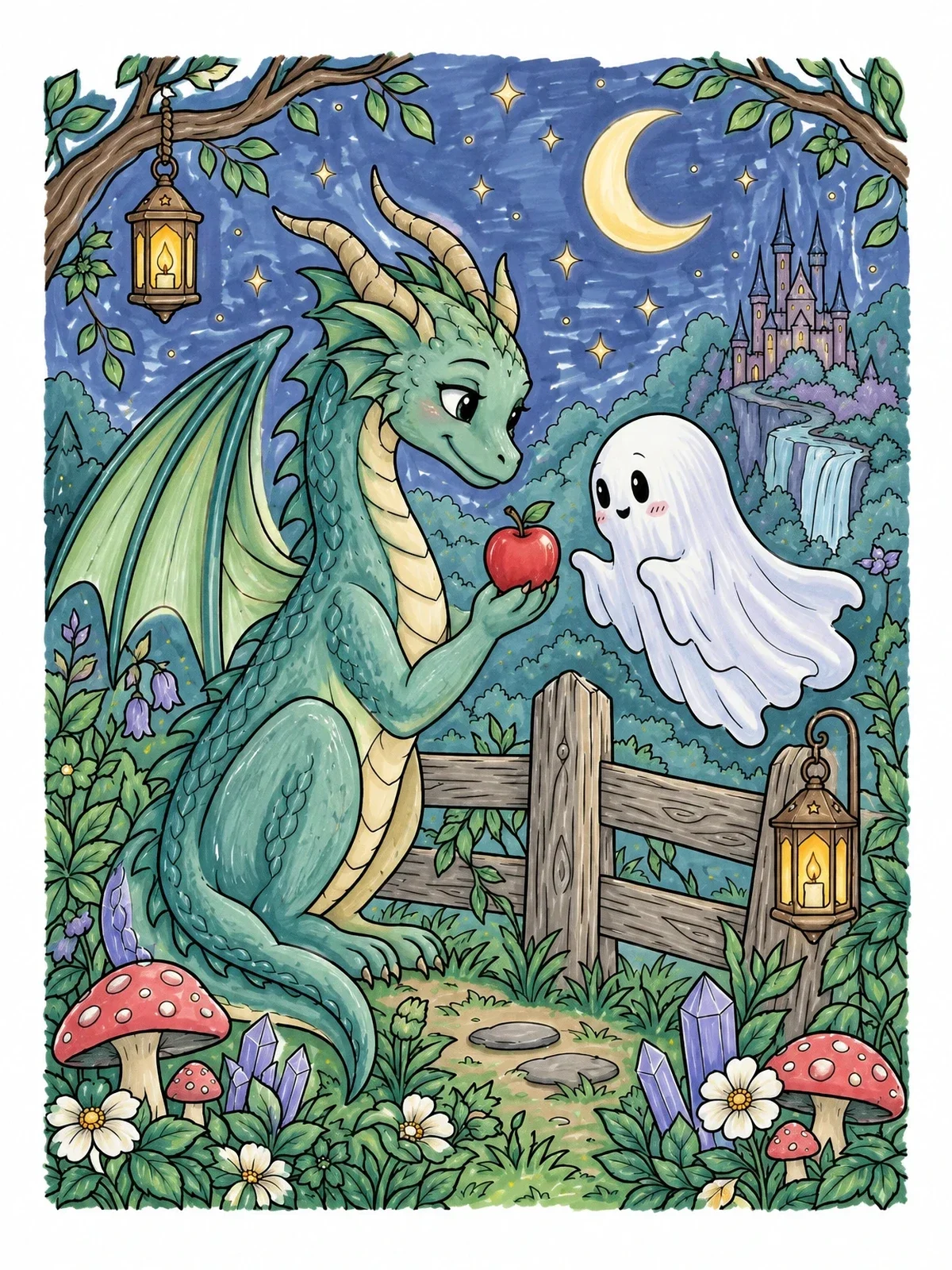 Colored example of the Dragon Sharing Apple With Ghost coloring page