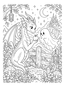 A halloween dragon coloring page showing a friendly dragon offering an apple to a floating ghost by a wooden fence.