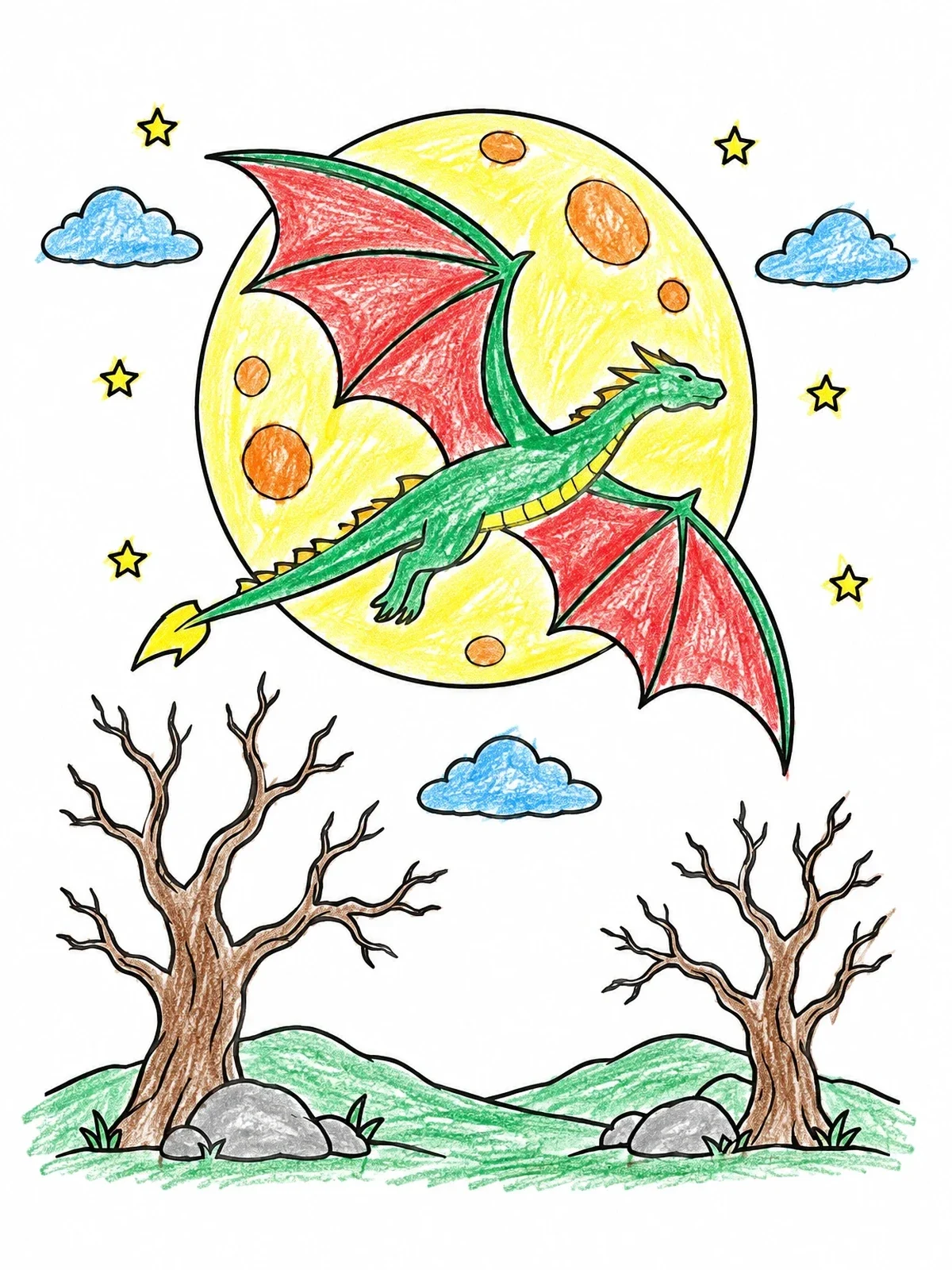 Colored example of the Dragon Soaring Across Full Moon coloring page