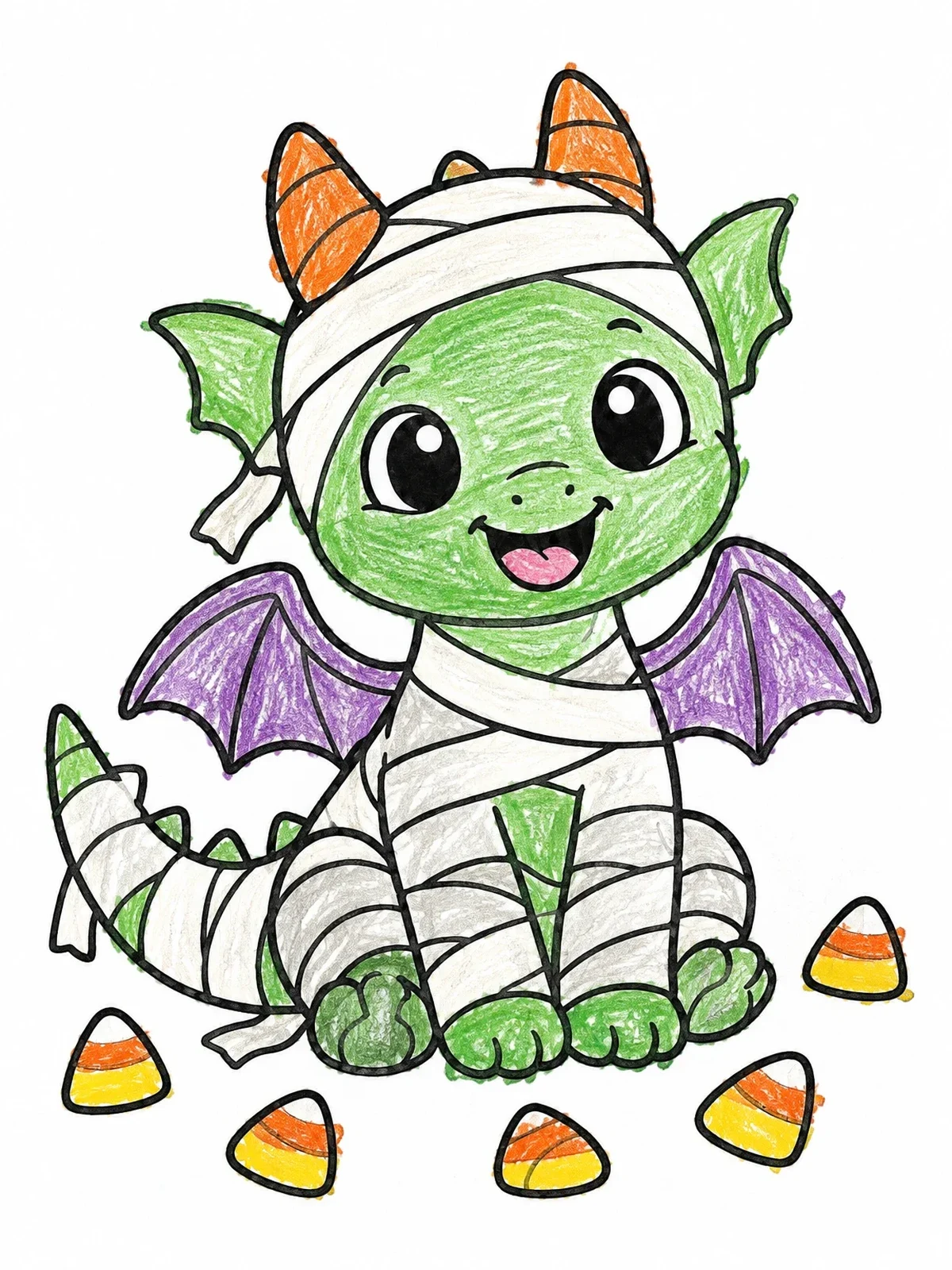 Colored example of the Cute Mummy Dragon With Candy Corn coloring page