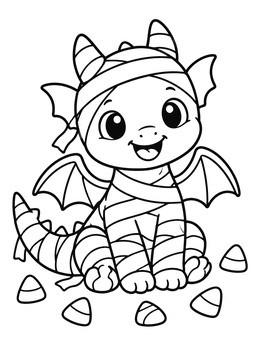 A cheerful baby halloween dragon coloring page wrapped in mummy bandages surrounded by candy corn.