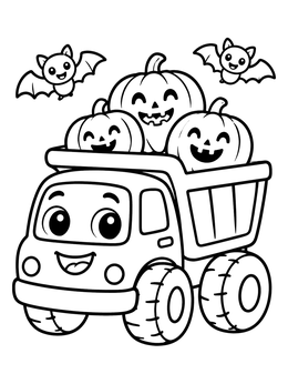 A cheerful dump truck coloring page carrying smiling jack-o'-lanterns with cute bats above.